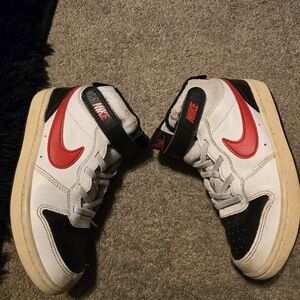 Nike Kids Court Borough High White and Black Sneakers with Red Swoosh
